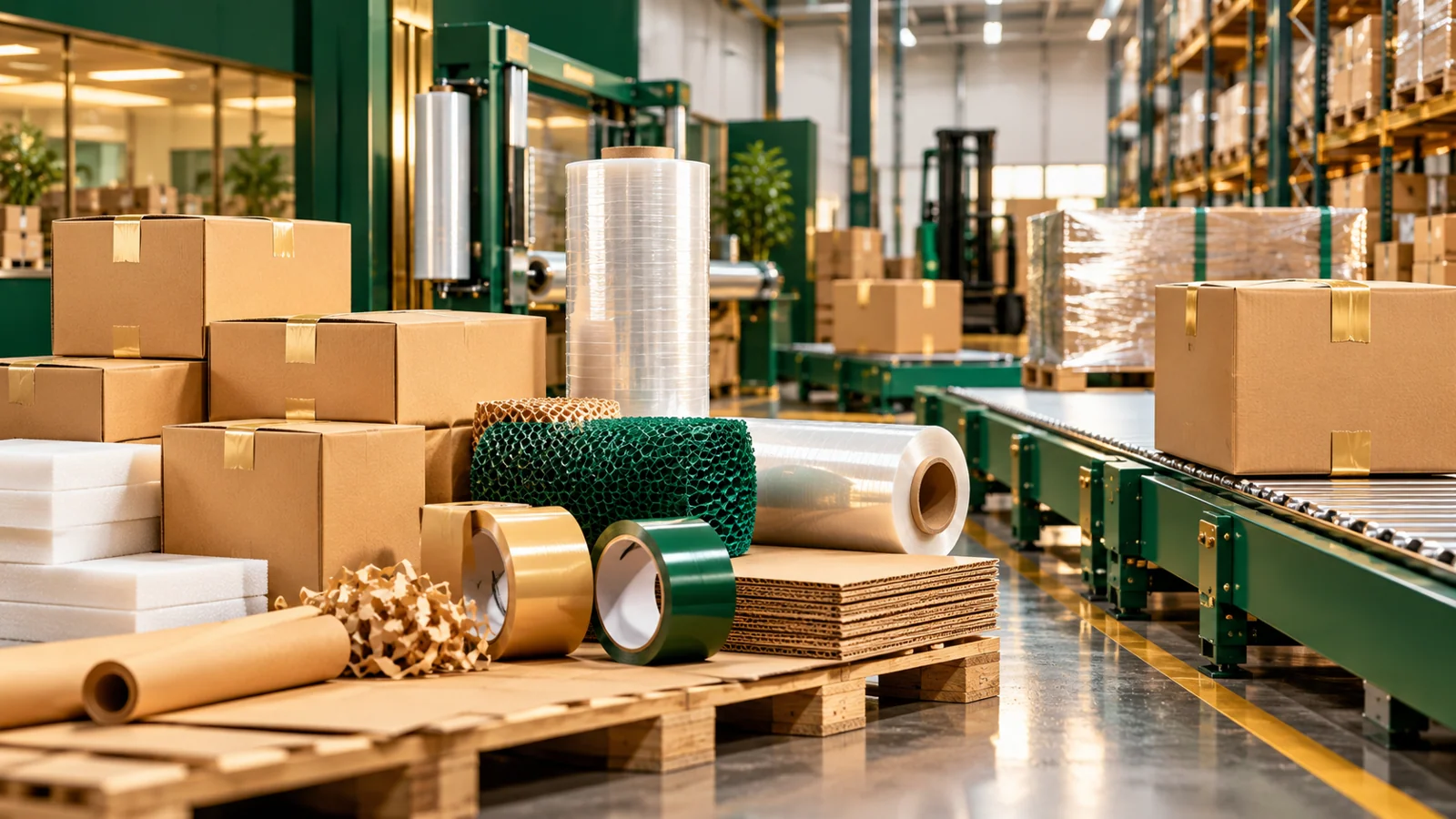 Industrial packaging warehouse with stacked cardboard boxes ready for distribution